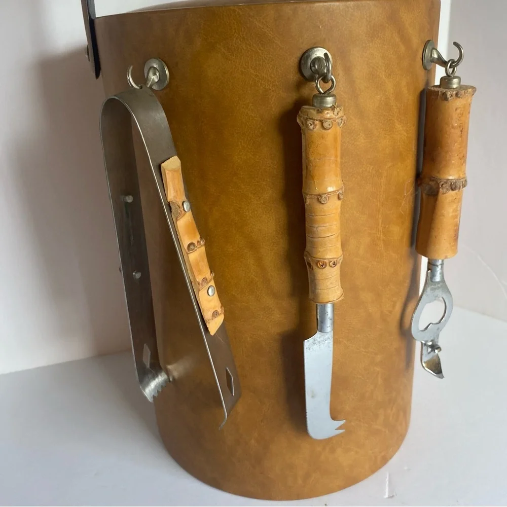Vintage Ice Bucket Leather look with Real Bamboo Handle Utensils